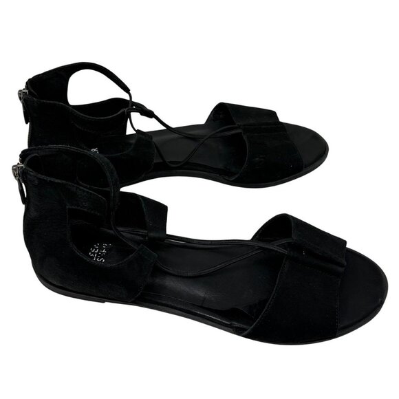 Eileen Fisher Black Suede Flat Sandals Womens Size 9 Back Zipper Open Toe Design - Picture 1 of 10